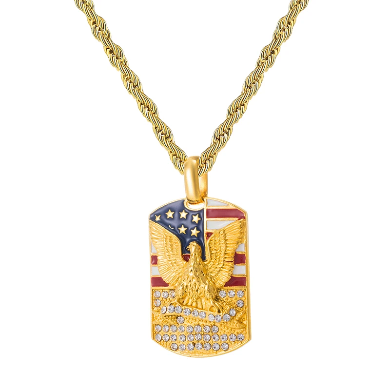 Хип хоп Iced Out Bling американский флаг с орлом проложили стразом из нержавеющей стали