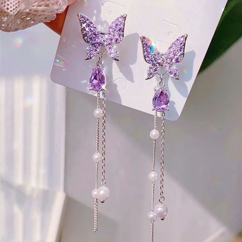Новинка 2020 милые модные тонкие серьги бабочки с кристаллами женские длинными