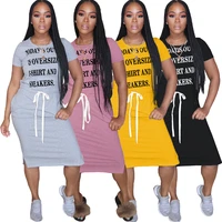 spot 2020 european and american fashion solid color fashion womens letter belt drawstring slit dress