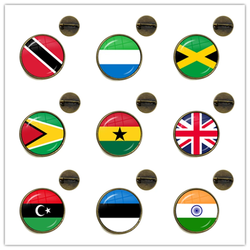National Flag Brooches Trinidad,Sierra leone,Jamaica,Guyana,Ghana,UK,Libya,Estonia,India Glass Cabochon Collar Pins For Women