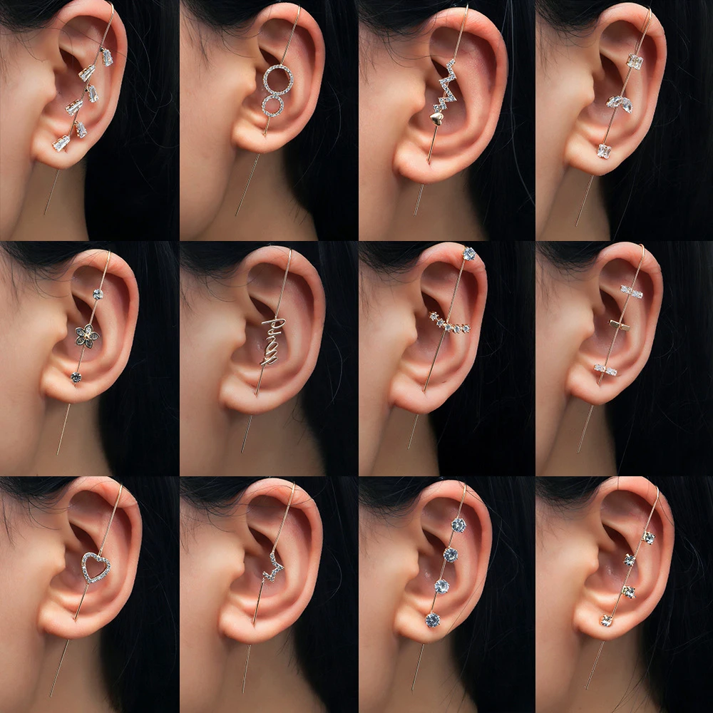 

Silver Color Ear Wrap Crawler Hook Earring Crystal Stud Earrings For Woman Lightning Zirconia Climber Earrings Jewelry