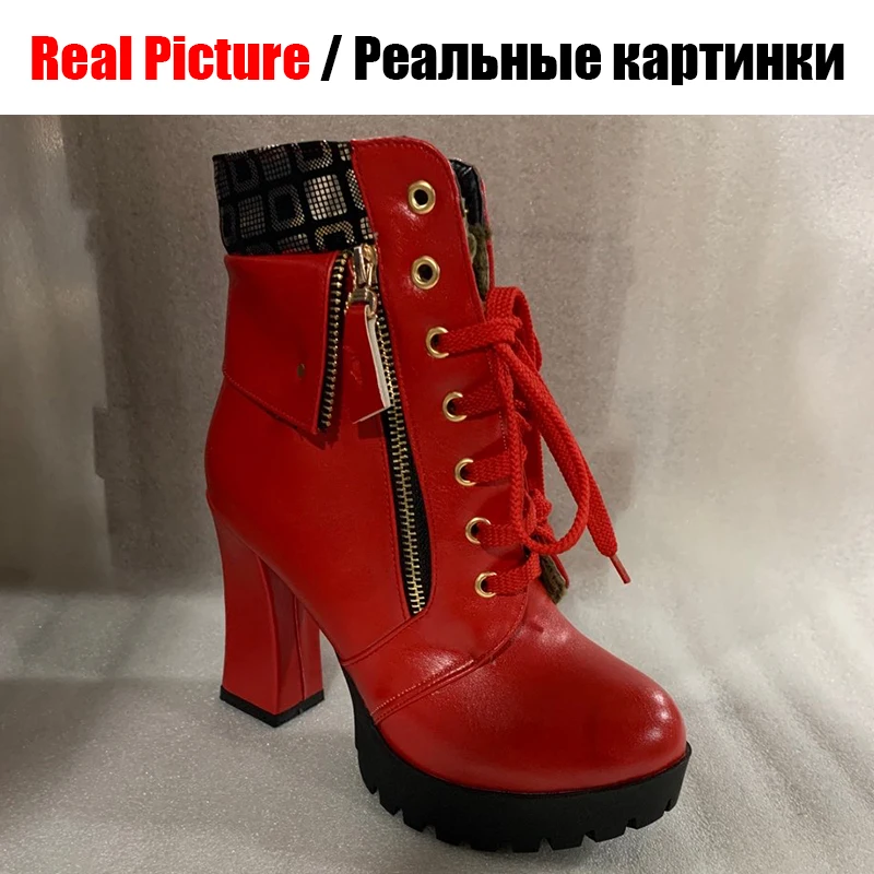 BONJOMARISA/Для женщин, ботинки на платформе, на шнуровке, черные женские туфли на шнуровке с украшениями; Для женщин обувь на высоком каблуке Женская обувь; Большие размеры 32–43