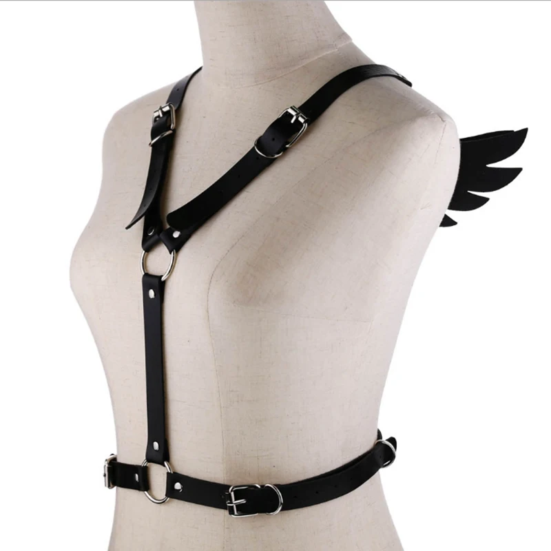 

Black Angel Wings Leather Harness Cage Bra Belt Lingerie Fetish Womens Body Sexy Tops Caged Bralette Punk Goth Dance Underwear