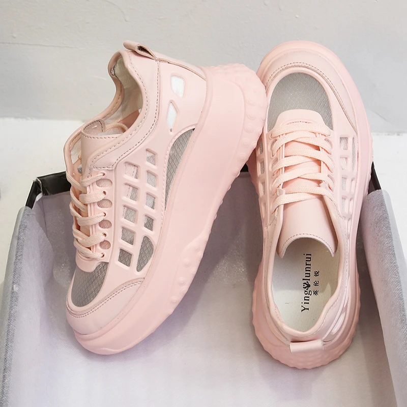 

Pop Summer Mesh Breathable Vulcanize Shoes Woman Fashion Solid Color Platform Sneakers Women Leisure Anti-slip Walking Shoes