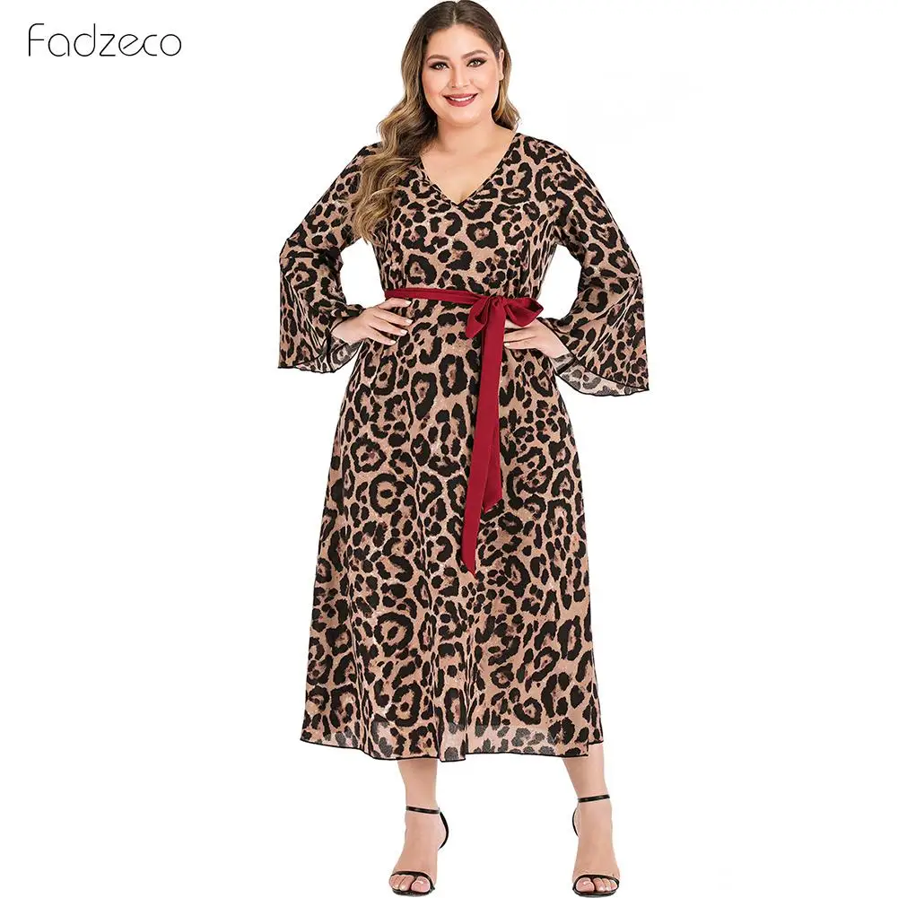 Женское леопардовое платье FADZECO Свободное длинное с длинным рукавом и глубоким v
