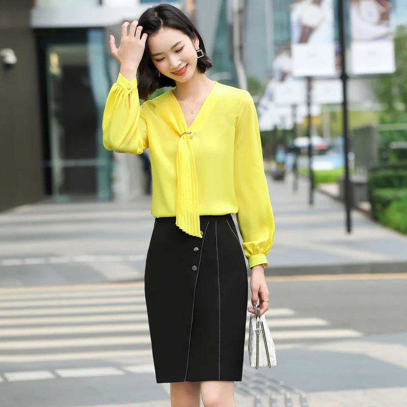 

Fashion Women V-neck Tops 2 Pieces Formal Professional Suit with Skirt and Blouse Novelty Yellow Female Office Ladies Shirt Suit