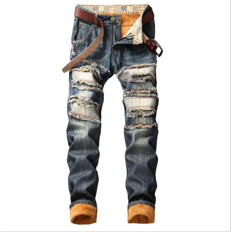 

Men'S Spring Winter Wam Ripped Denim Trousers Thick Biker Jeans Staright Middle Waist Male Full Length Hole Jeans Trousers J3101