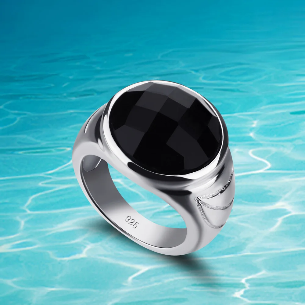 

New 925 Jewelry Fashion High Quality Black Agate Ring Queen Sterling Silver Ring Women Men Wide Ring Wholesale