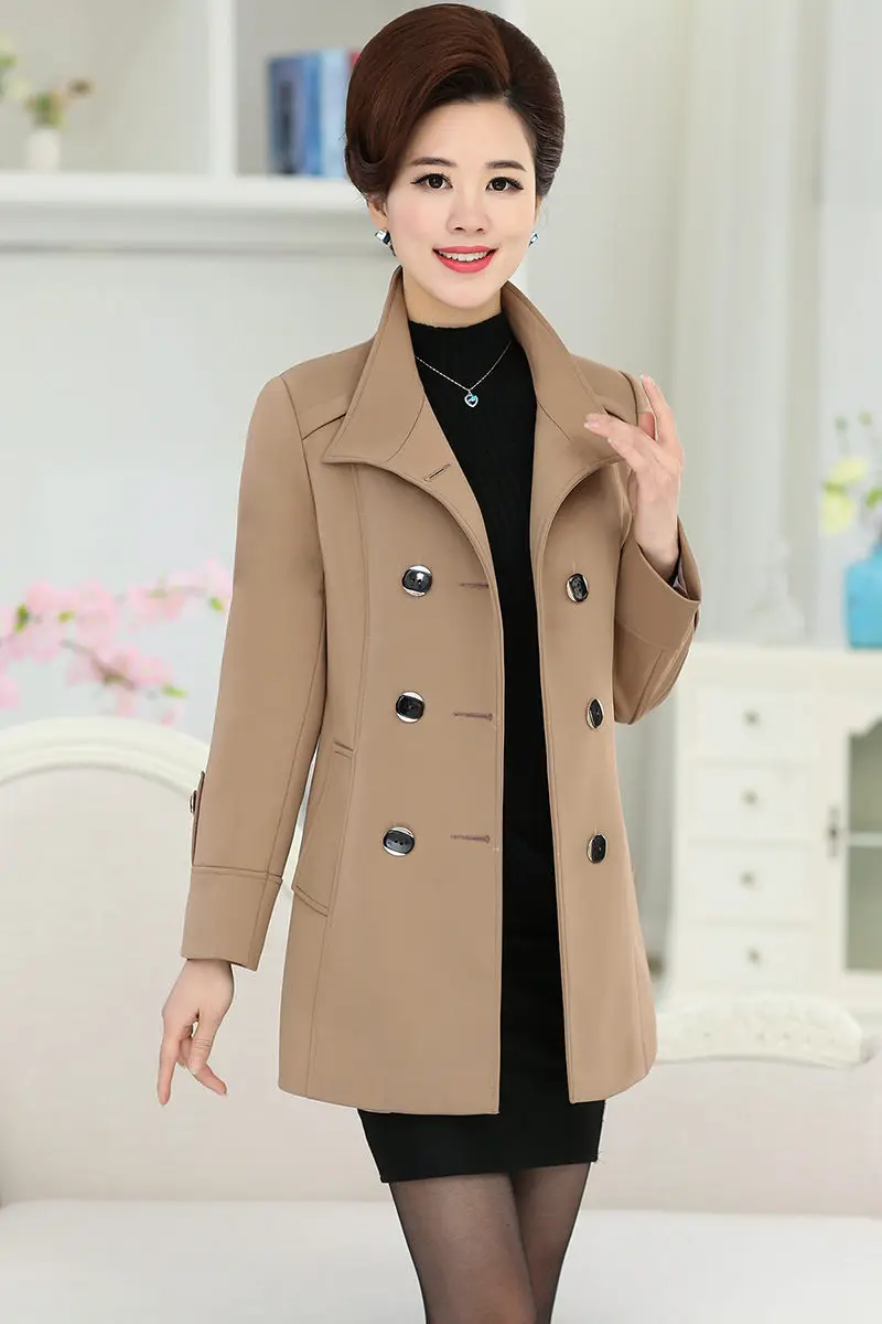 

Solid Middle-aged Female Spring Windbreaker Jacket Mid-length Autumn Women Double Breasted Fashion Slim Plus Size Outerwear K089