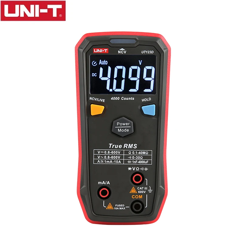 

Мультиметр UT123D цифровой, UNI-T, миниатюрный, с истинным среднеквадратичным значением, автоматическим диапазоном, измеритель напряжения постоянного и переменного тока, тестер NCV в реальном времени, управление одной кнопкой