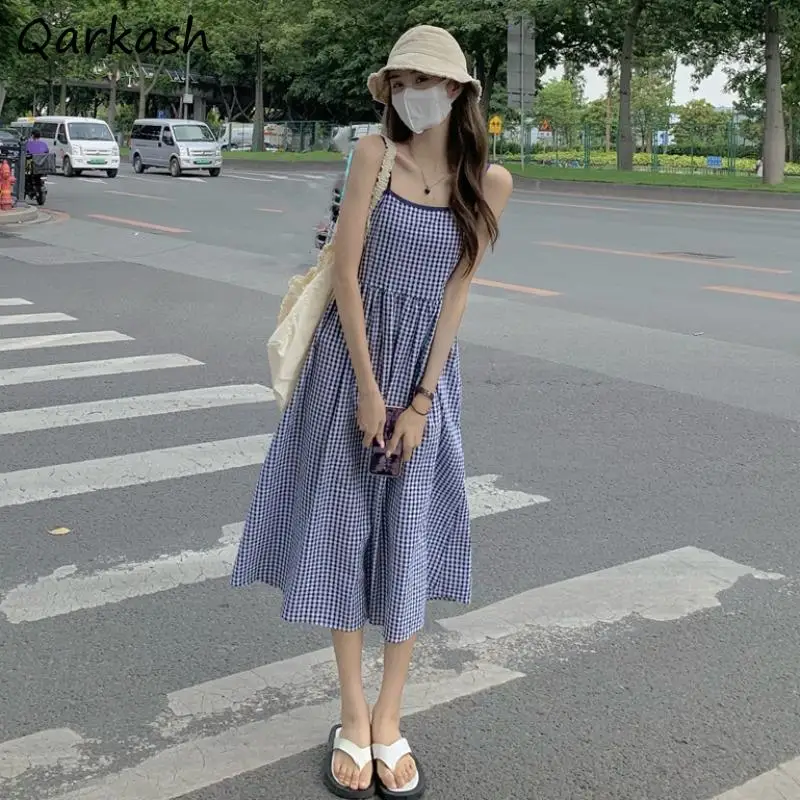 

Dresses Women Sleeveless Preppy Style Summer Sweet Girls Chic Plaid All-match Straps Fashion Ulzzang College Students Holiday BF