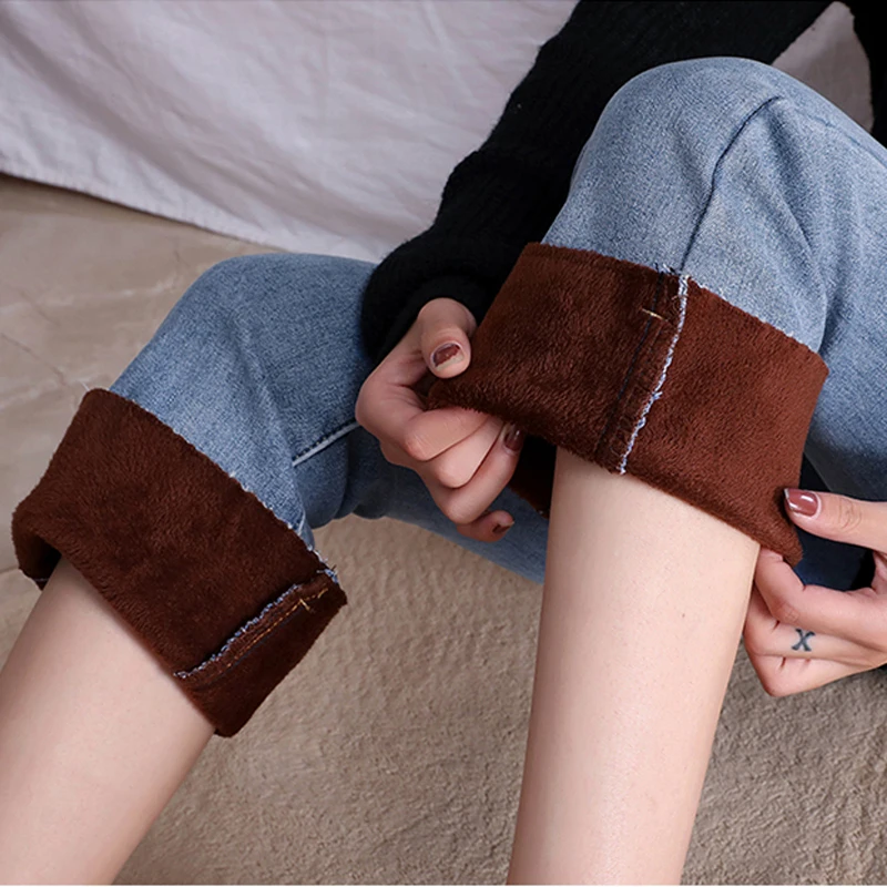 Новинка 2019 зимние теплые толстые джинсы женские повседневные брюки с высокой