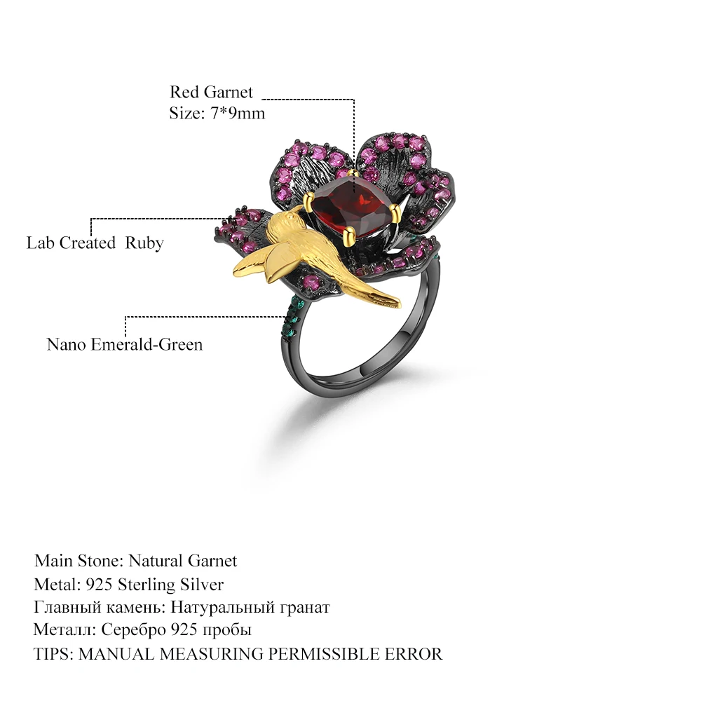 

GEM'S BALLET Natural Garnet Amethyst Flower Rings Jewelry 925 Sterling Silver Adjustable Open Ring For Women Secret Garden