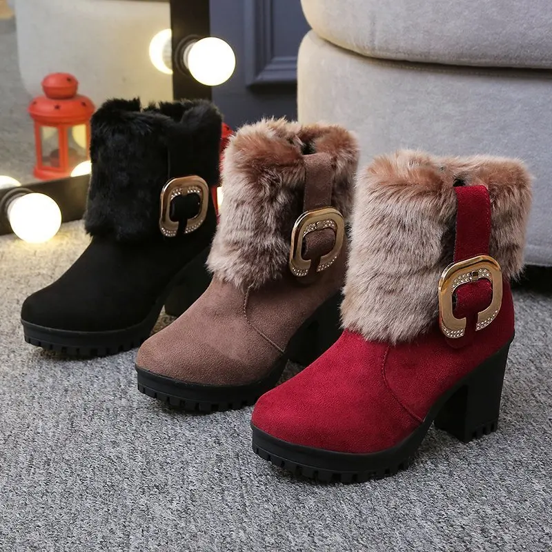 

Женские меховые сапоги для снежной погоды, классические Бархатные Теплые ботильоны на высоком каблуке и боковой молнии, Короткие облегающи...