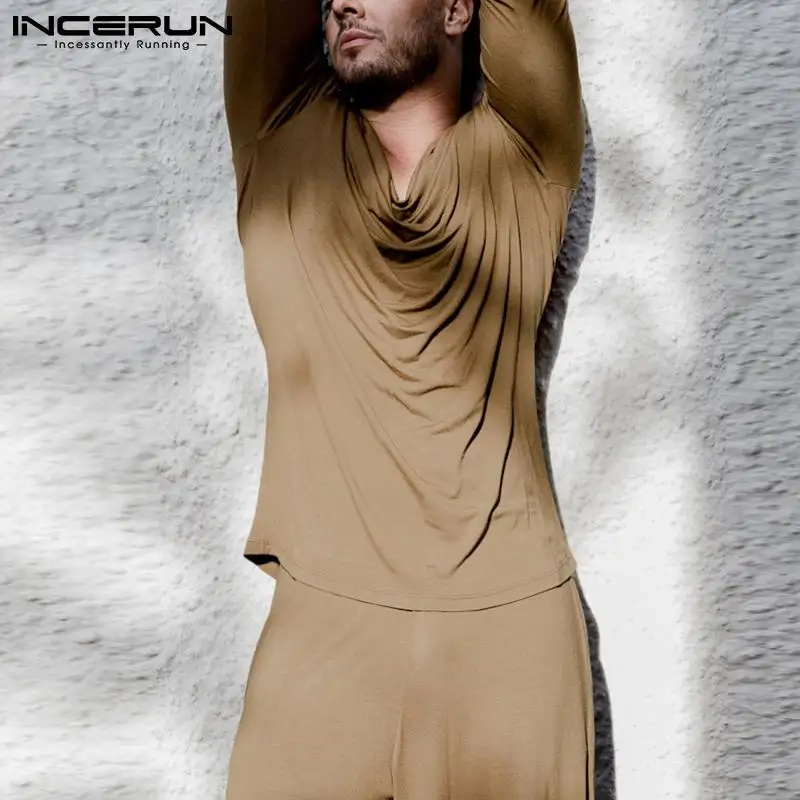 

INCERUN 2021 Men Casual Sets Streetwear Solid Color Heaps Collar Long Sleeve T Shirt & Wide Leg Pants Two Pieces Retro Men Suits