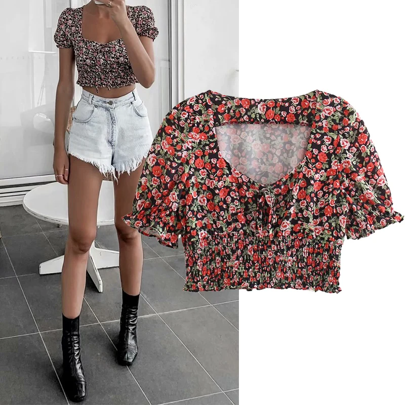 

WESAY JESI Women's Clothing Blouses Vintage Sweet Flower Floral Print Cropped Shirt Fashion Square Collar Puff Short Sleeves Top