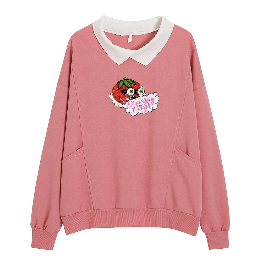 Sweetshirts Pullover Polo Shirt Women Sweatshirt Womens Loose Turn-down Collar Hoodies Full Sleeve Strawberry Print Sweatshirts