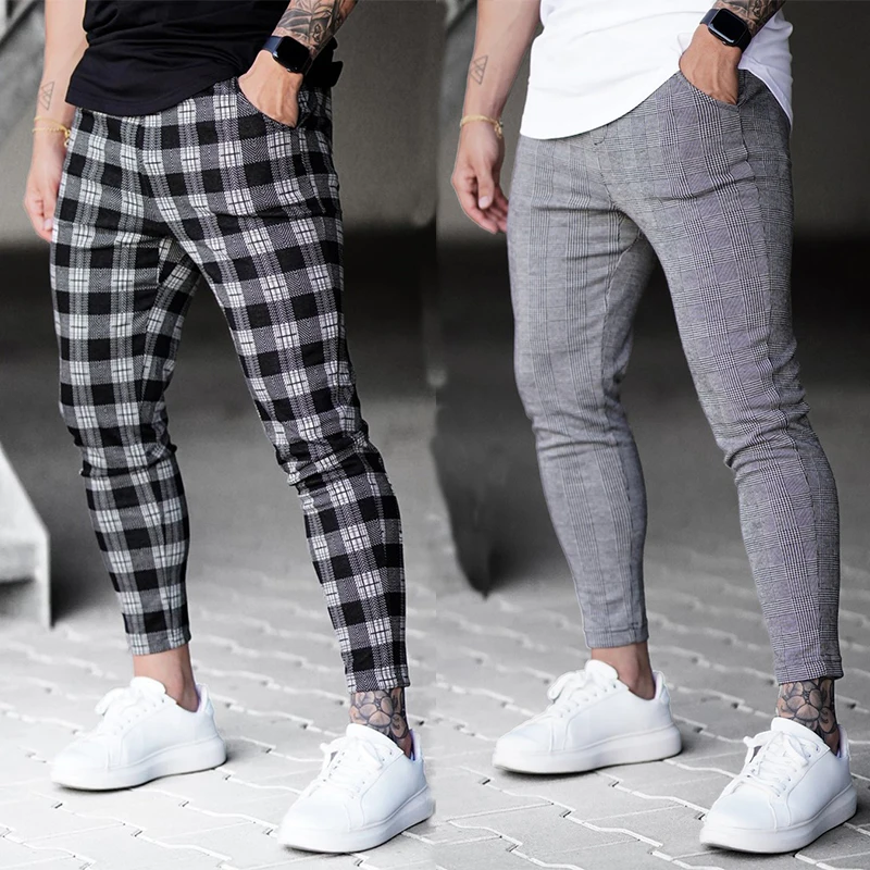 Брюки мужские в клетку до щиколотки повседневные Модные джоггеры облегающие