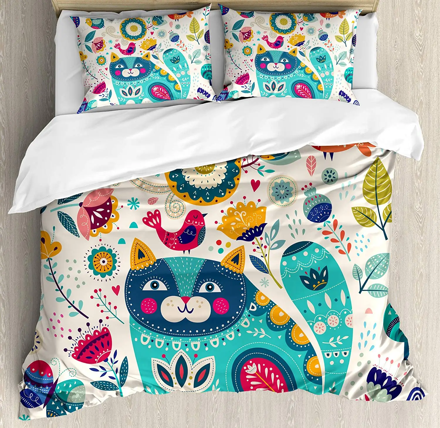 Набор пододеяльников для кошек с птицами цветами листьями деревьями бабочками