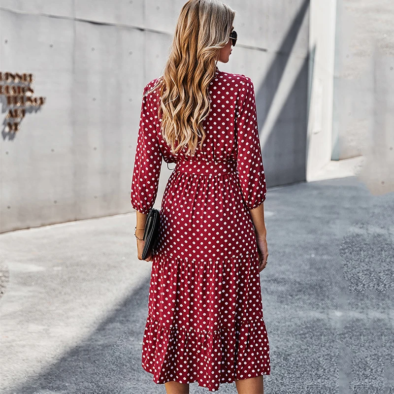 

Spring Autumn Dot Bandage Dress Sashes Women Casual Ruffles V Neck High Waist Slim Print Long Dress for Woman 2021 New Fashion