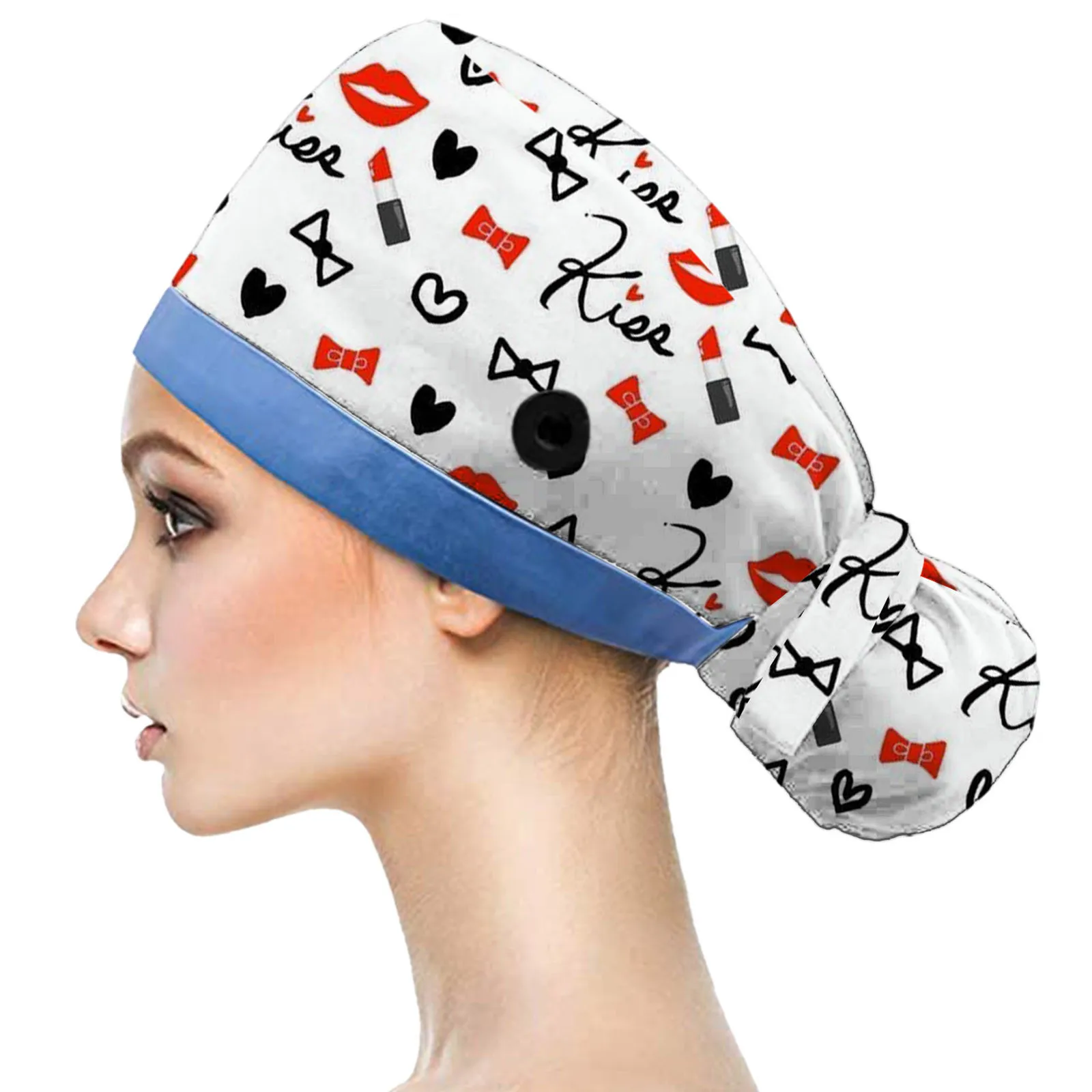 

Nurse Working Scrubs Cap With Button Sweatband Cartoon Print Caps Adjustable Tie Back Elastic Bouffant Hat Cotton Head Scarf A50