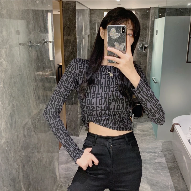 

Fashionable Letter Printed Long-Sleeved T-shirt for Women Spring and Summer New Slim Fit Slimming and Short Sexy Crop Top