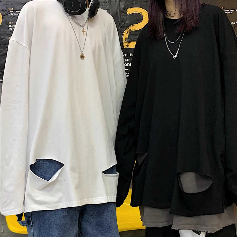 

Ripped Bottoming Shirt 2021 Spring New Harajuku Style Loose Beggar White Long Sleeve T-shirt Inner Wear Blouse Men and Women