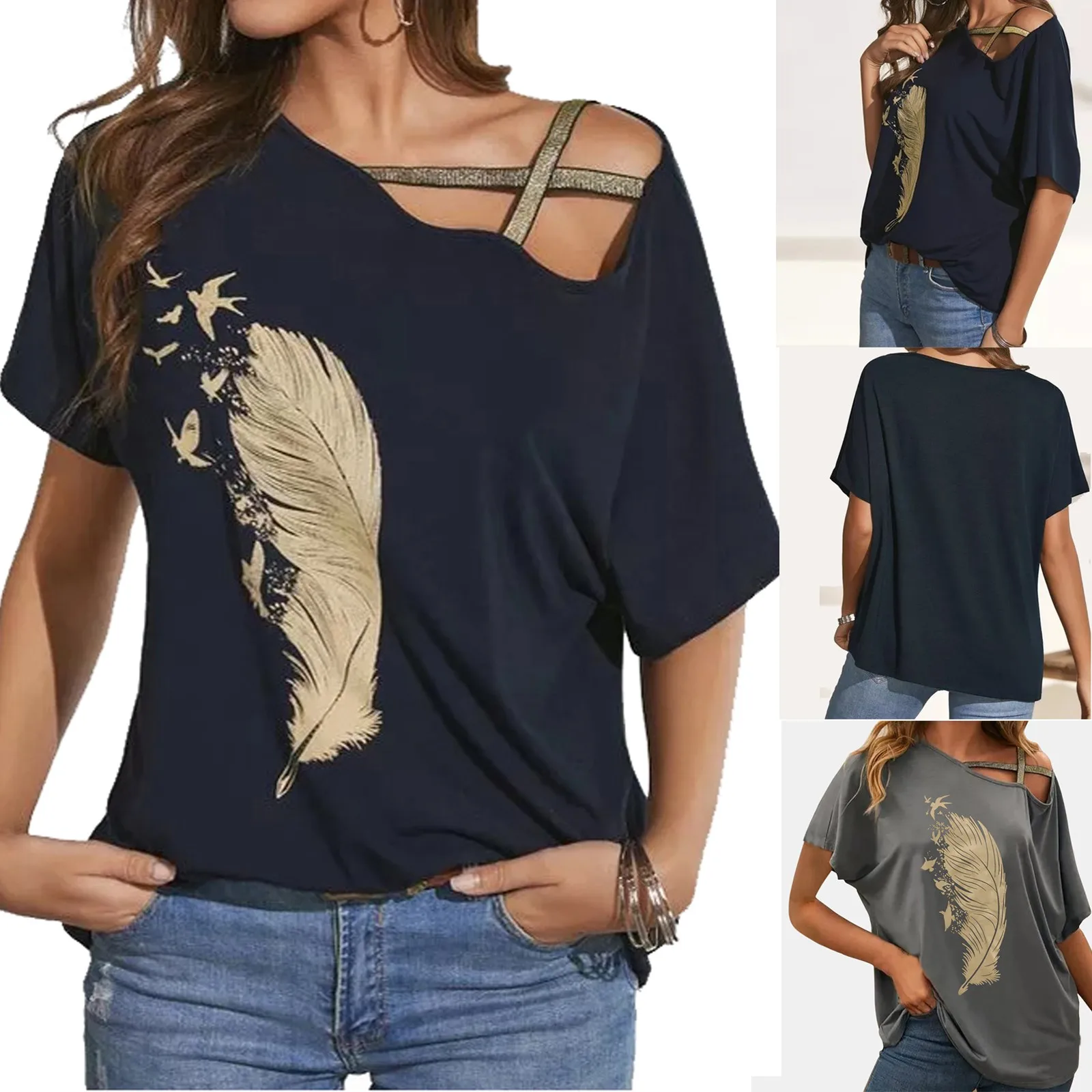 

Plus Size Women Tops Summer Leaf Print Off Shoulder Short Sleeve Loose Cotton T-Shirt Ladies Hollow Up Shoulder Pullover Top