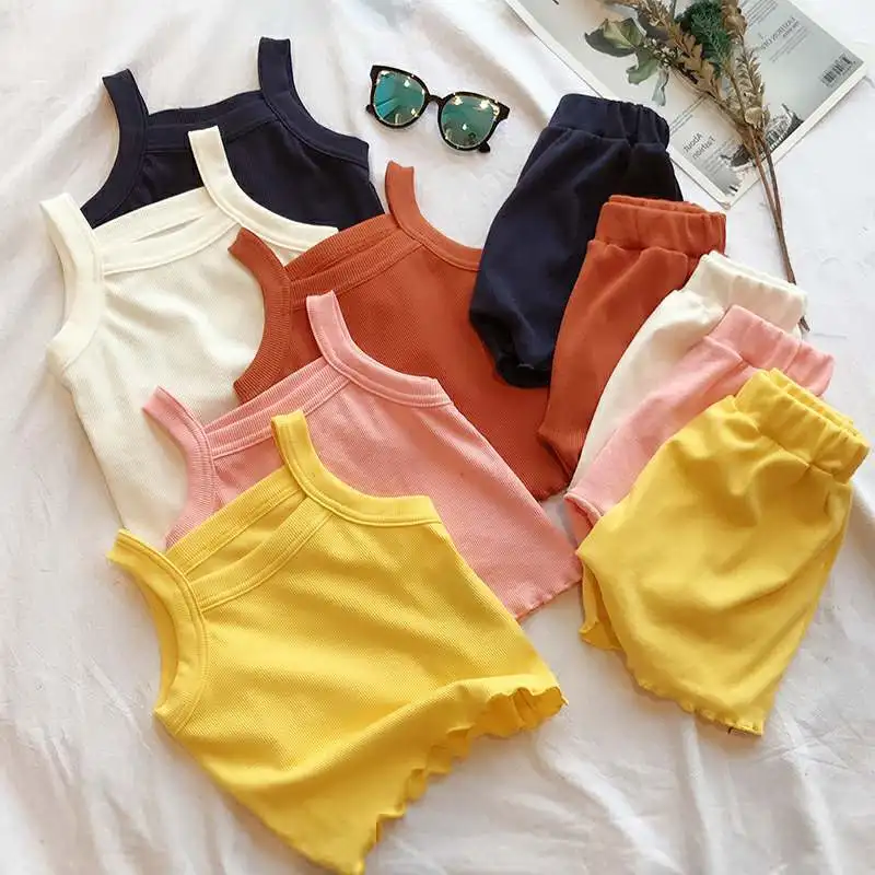 

Children's summer new vest suit 2-6 years old girls solid color vest T-shirt + shorts cotton sports and leisure two-piece suit
