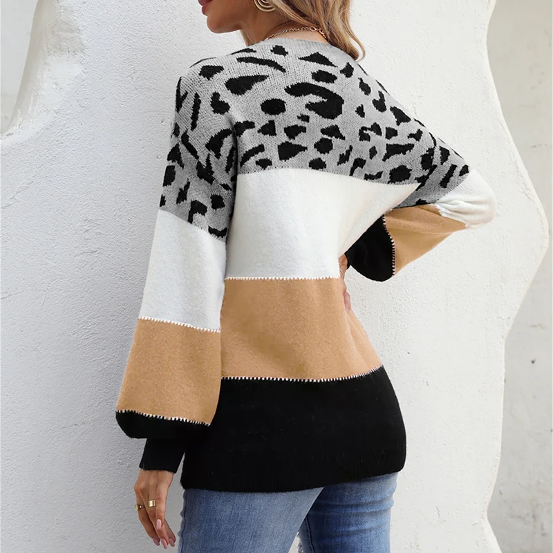 Женский трикотажный свитер с леопардовым принтом длинным рукавом | Женская