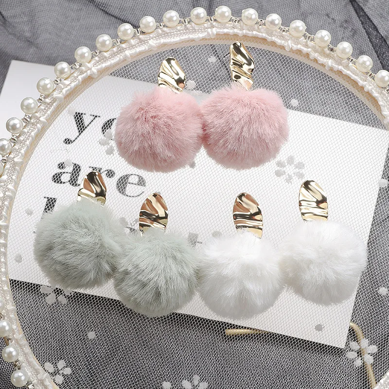 3cm Faux Rabbit Fur Pendent Pompom ball Stud Earrings Metal earring for Girl Jewelry | Украшения и аксессуары