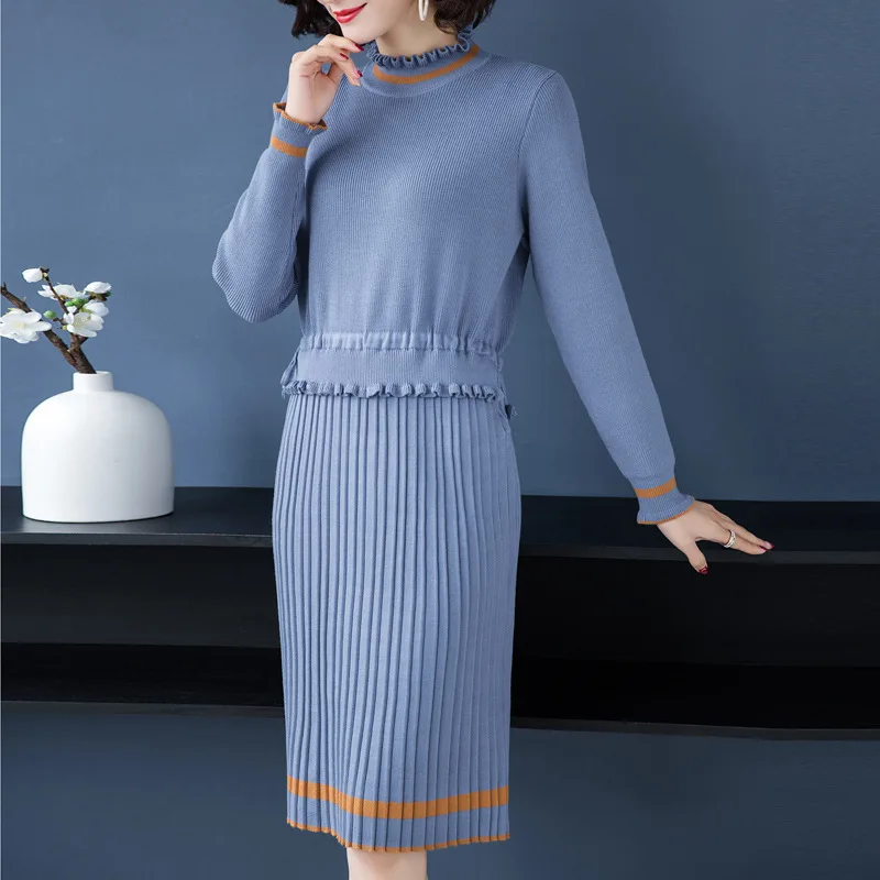 

Women Sweater Winter 2021 Fine Wool O-Neck Long Sleeve Length Bottom Dress High Quality Korean Fashion Elegant Sweater