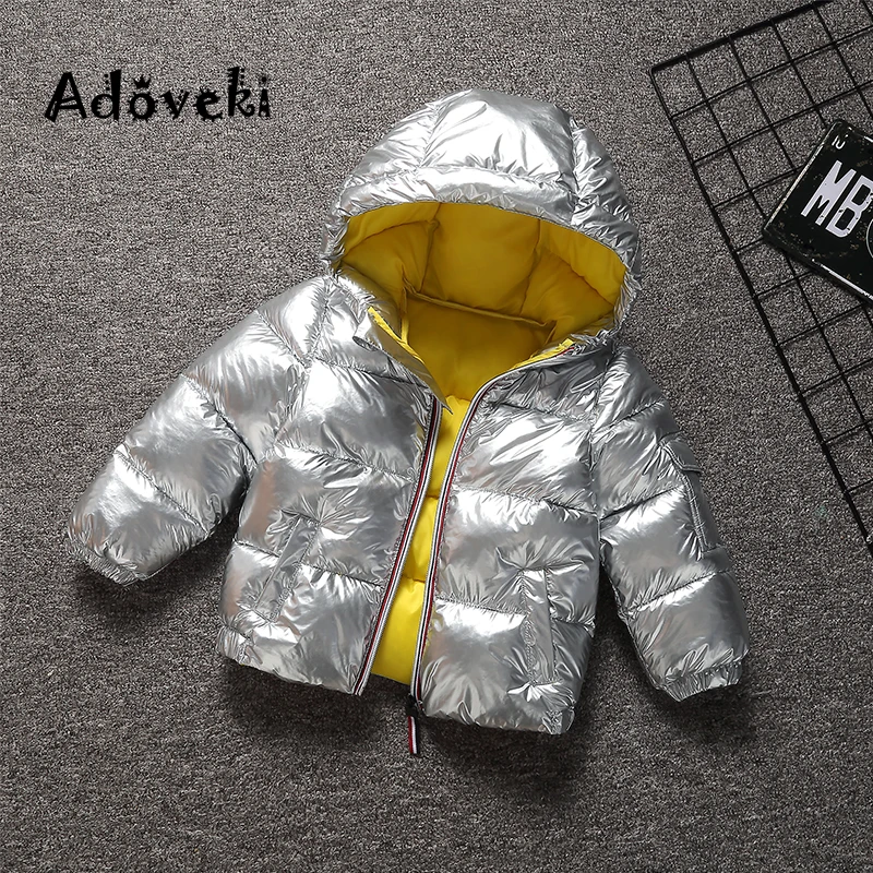 Adoveki/Новинка года; хлопковая куртка-пуховик для девочек и мальчиков; теплое зимнее пальто для малышей; модная зимняя ветрозащитная одежда с капюшоном - Цвет: Серебристый