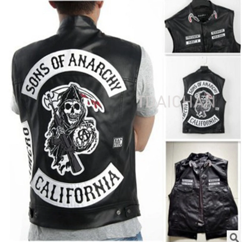 Chaleco Punk Rock de cuero bordado Sons of Anarchy, traje de Cosplay, chaqueta sin mangas de motocicleta negra, moda 2021