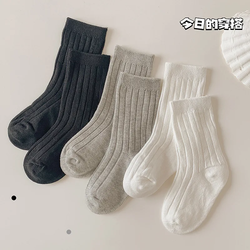 Calcetines de algod&oacute;n para ni&ntilde;os y ni&ntilde;as, medias de Color s&oacute;lido, estudiantes coreanos, 3 pares-1