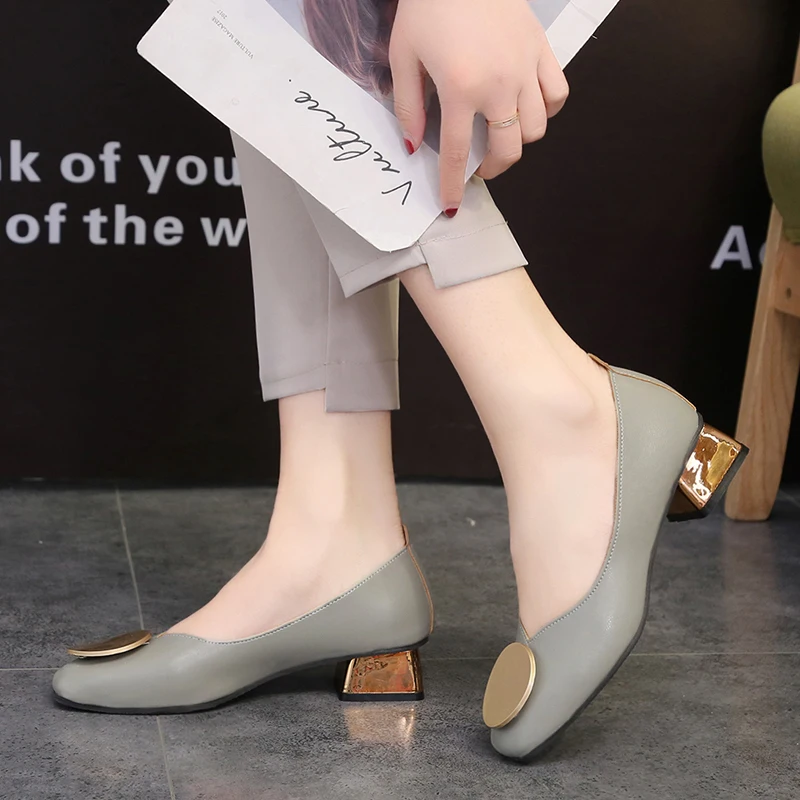 

Plus Size 34-42 Women Dress Shoes Square Toe Medium Heels Pumps Gold Heels Shoes Woman Round Metal Boat shoes low Heels