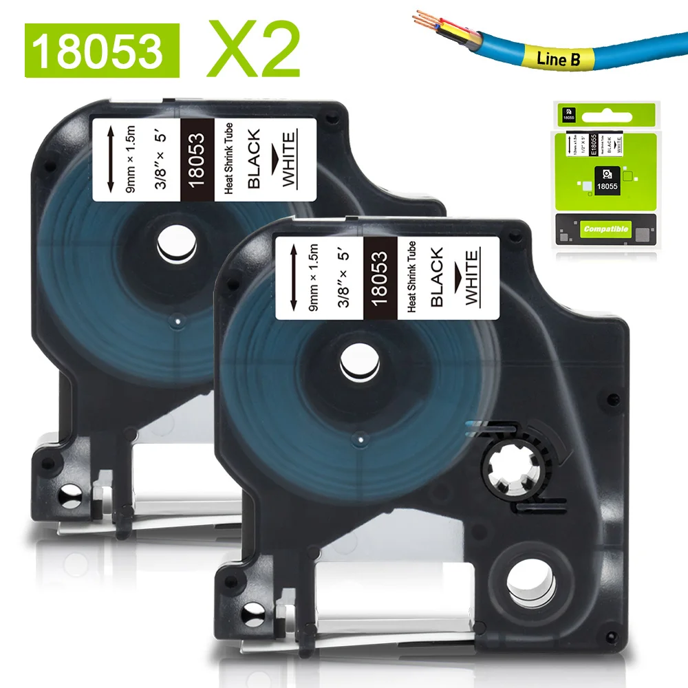 

2PK 18053 9 мм лента для маркировки, замена Dymo Rhino, термоусадочная лампа, черный на белом для маркировочной машины Dymo Rhino 4200 6000 5200