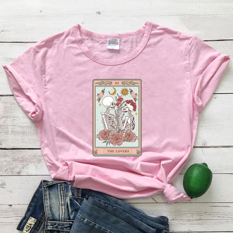 The Lovers Tarot Card Colored T-shirt Mystical Sun And Moon Witchy Skeleton Couple Top Fashion Women Valentine's Day Gift Tshirt