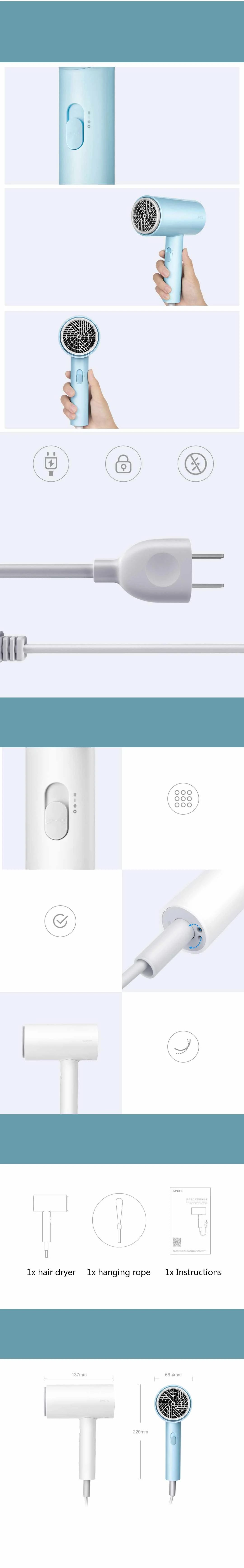 YOUPIN SMATE 1800 Вт Электрический Фен 3 шестерни отрицательные ионы двухслойный воздухозаборник сеть перегрева отключение питания сушка волос
