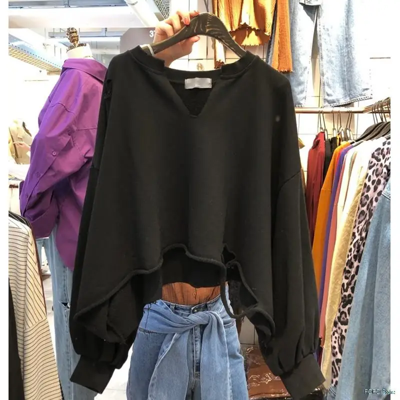 

Casual Solid Pullovers Black Cropped Women's Hoodies 2021 Autumn Winter Harajuku Long Sleeve Female Sweatshirt Gothic Hoodies