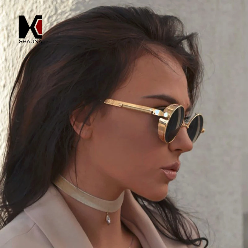 SHAUNA ретро женские круглые солнцезащитные очки в стиле стимпанк фирменный дизайн