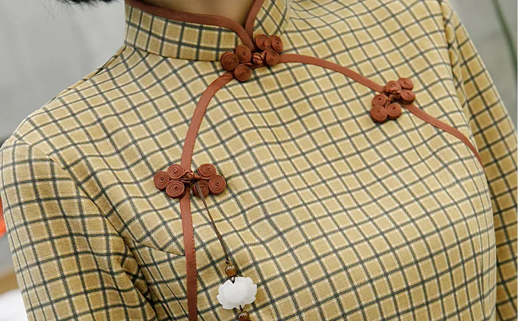 Sheng Coco Осень Последние оленьей плед Cheongsam Qipao платья современное улучшение листьев лотоса Ретро кисточки Восточное Платье До Колена