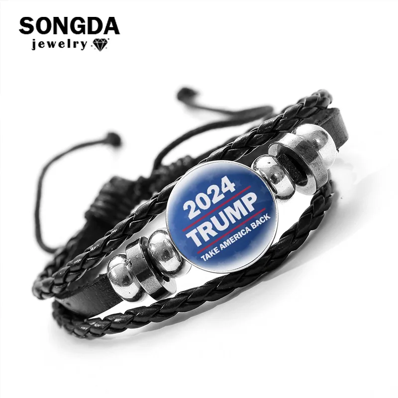 

Black Braided Leather Bracelet Trump 2024 Save America Again Glass Snap Metal Bead Bracelet Friendship Men Women Kid Accessories
