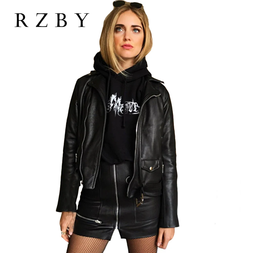 RZBY Women Genuine Leather Jacket Fashion Real Sheepskin Coat Rivet Motorcycle Biker Jacket Female Sheep Leather Coat XS-3XL