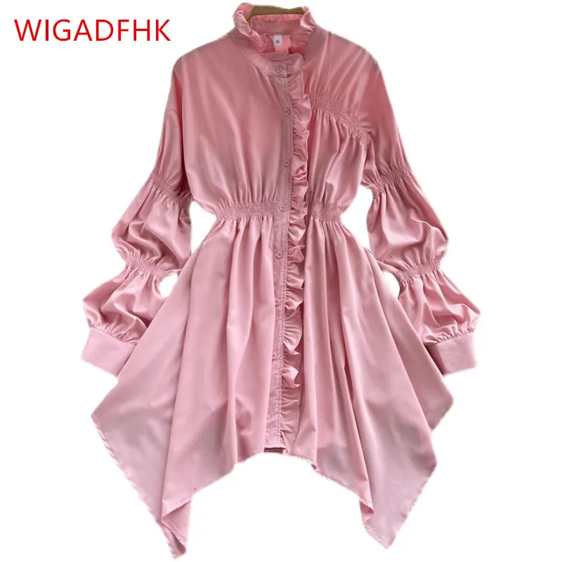 

Женское Плиссированное Платье-рубашка, весеннее однобортное асимметричное платье-рубашка с воротником-стойкой и рукавом в виде корня лото...