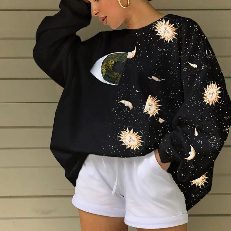

Vintage Hoodie Sweatshirt Women Autumn Eye Sun Moon Print Black Harajuku Oversized Gothic Loose Pullovers Sweatshirt Streetwear