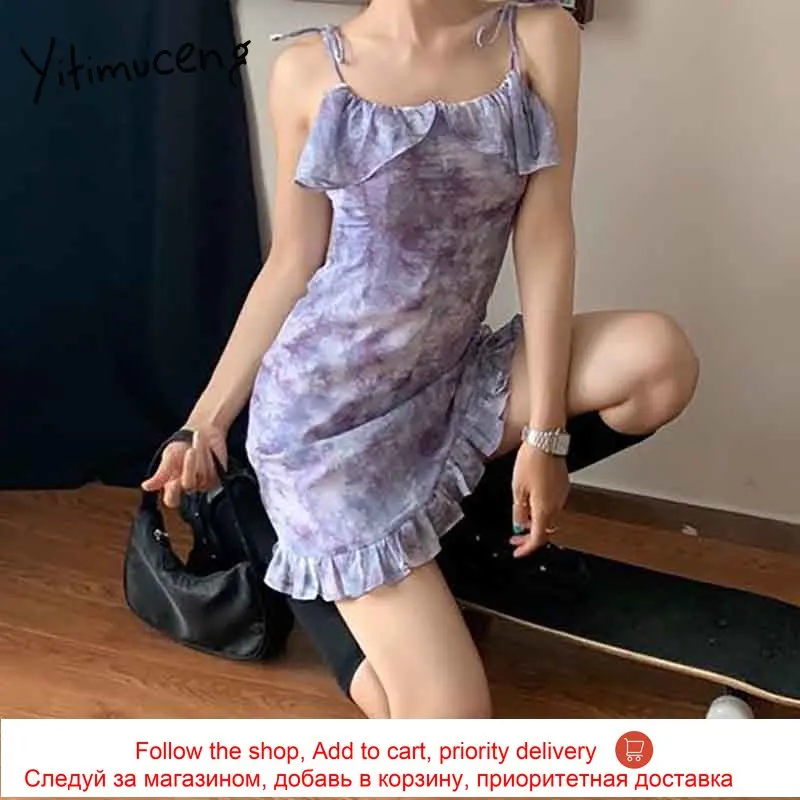 

Yitimuceng Fashion Print High Waist Sexy Camis Dresses Women Sleeveless A-line Ruffles Purple Clothing 2021 Summer Korean New