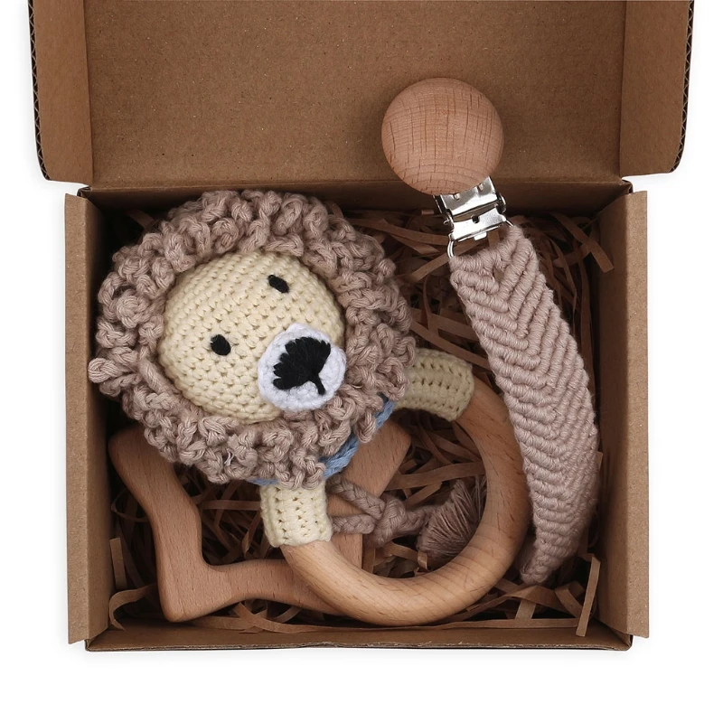 

Beech Wood Teether Wooden Rattle Toys Set Pacifier Clip Holder Crochet Lion Rattle Bracelet Inspired Toys Full Moon Gift