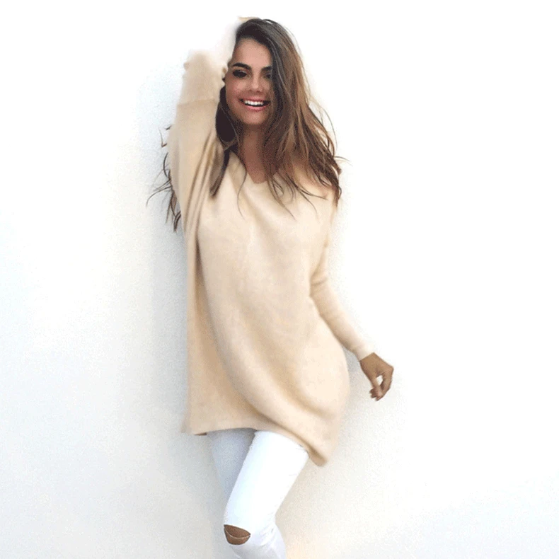 

winter fashion solid pullover long woman sweater Europe American style v-neck long sleeve female sweater