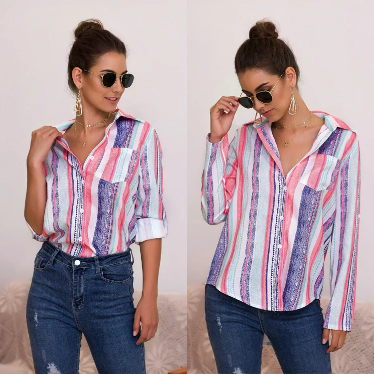 

New Fashion Women Blouse Loose Long Sleeve Striped Turn Down Collar Shirts Female Top Blusas Mujer De Moda Tallas Grandes Blouse